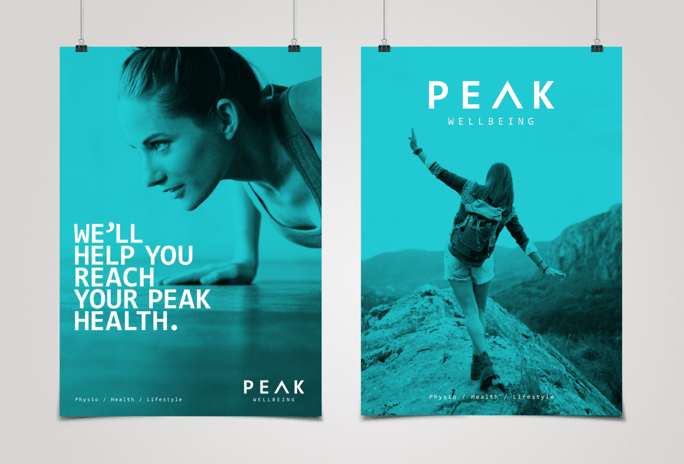 Rebrand - Peak Wellbeing - A pair of monotone posters in the Peak Blue. Ldy doing push-ups and lady balancing along a mountain ridge